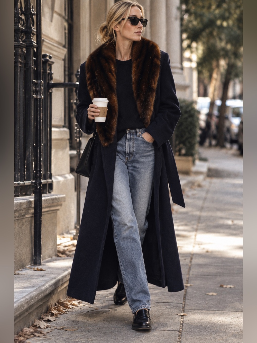 Vintage 90s Lauren Ralph Lauren Navy Wool Blend Maxi Coat Faux Fur Collar Size 1